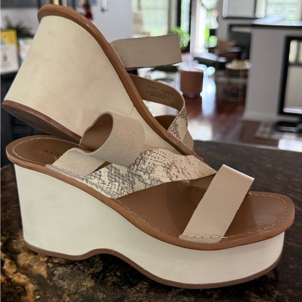 Lucky Brand Cream and Tan Wedge Sandals